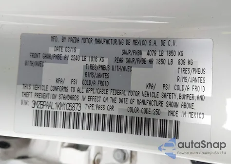 2019 Mazda Mazda3 Select Package z USA, uszkodzony, nr VIN 3MZBPAAL1KM105873